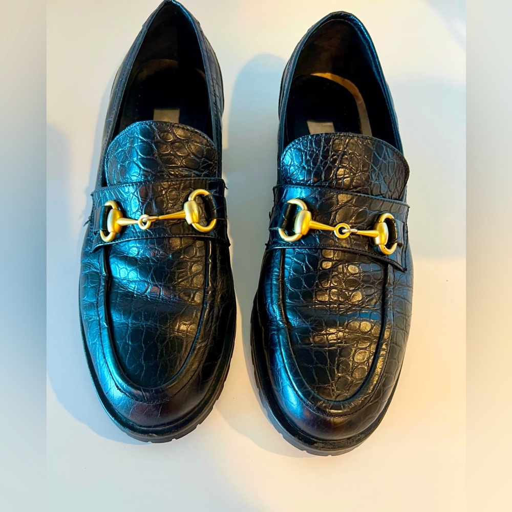 Talbots Black Croc-Embossed Leather Loafers with Gold Bit